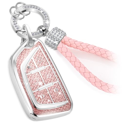 Image of Key Fob Cover for Cadillac, Soft TPU Case with Braided Keychain | Fits Escalade ATS XT4 /XT5 /XT6 XTS CT5 /CT6 ESV,Pink Diamond Pattern Cover for Cadillac Type B2 6-Button Key,360 Protection