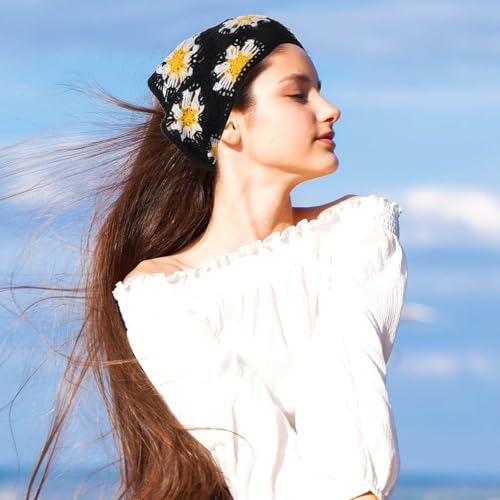3 Pcs Crochet Bandanas Floral Crochet Head Scarf Vintage Hair Bandanas Tie Knotted Headscarf for Women's Hair Headband Kerchief Styling Decor4