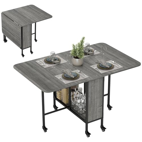 HOMCOM Table à Manger Pliante sur roulettes, Table de Cuisine pour 6 Personnes avec 2 abattants et étagère intégrée, pour Petits espaces, Salle à Manger,...