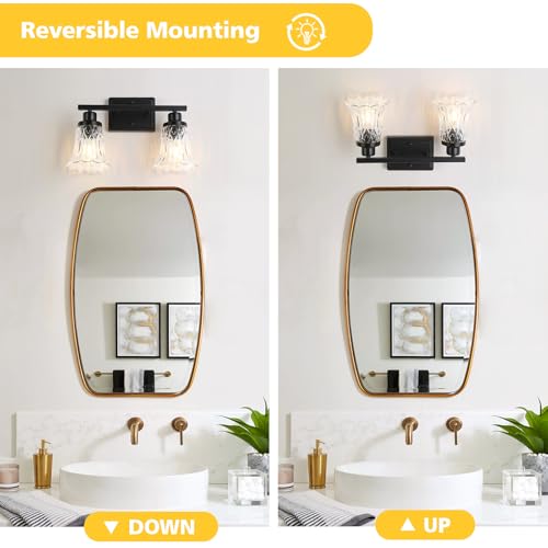 Image of JOPESO Bathroom Light Fixtures,Matte Black 2-Light Bathroom Lights Over Mirror with Glass Shade,Bathroom Wall Sconce Lamp for Mirror Living Room Bedroom Hallway (Black, 2-Light)