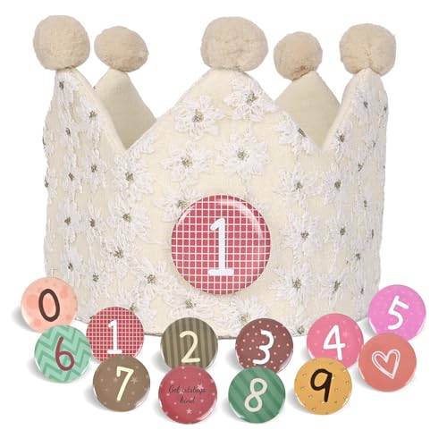 SKYYUE Corona Cumpleaños Tela con Encaje, Corona de Infantil Cumpleaños, Coronas Cumpleaños Ajustable Unisex per Números Intercambiables del 0 al 9, Coronas Floral Cumpleaños para Niños Niñas (Blanco)