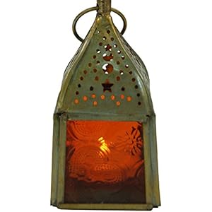 Guru-Shop Glazen Lantaarn, Windlicht, Waxinelichthouder Gemaakt van Messing in 7 Kleuren, Oranje, Glas, Kleur: Oranje, 10×5,5×5,5 cm, Oosterse Lantaarns