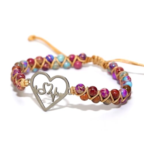 Image of Women Boho Wrap Bracelet,Handmade Natural Stone Crystal Emperor Beads Heart Bracelet, Fashion Bohemian Jewelry Gift for Women