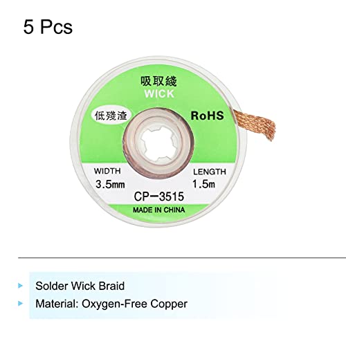 Image of MECCANIXITY Solder Wick Braid No-Clean Desoldering Wick Braid 0.14 Inch Width 4.92 Feet Length for Remove the Solder Electrical Components 5 Pack