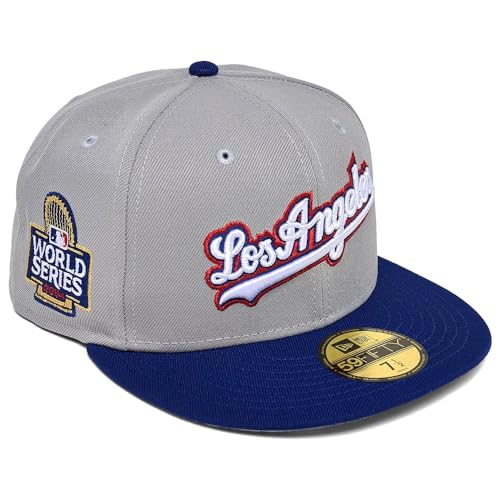 New Era LA Los Angeles Dodgers 59FIFTY 2024 World Series Gold Sidepatch Fitted Cap, Hat (US, Numeric, 7 5/8, Grey Blue)