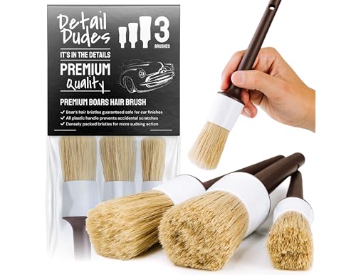 Ultra Soft Natural Boars Hair Bristle Car Detail Brushes - Set of 3 - Perfect for Washing Emblems Wheels Interior Upholstery Air Vents, No Metal Parts