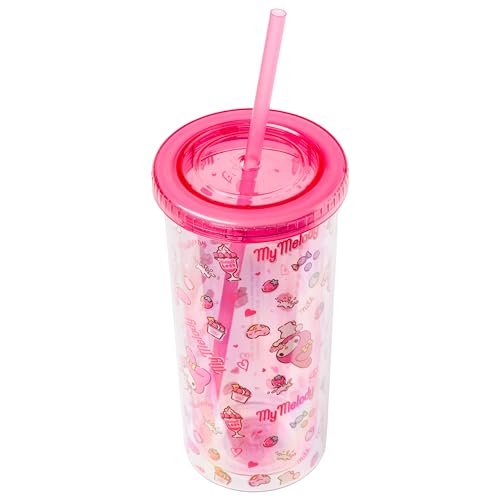 Image of Silver Buffalo Sanrio Hello Kitty and My Melody, Plastic Cold Cup, 20oz | Hello Kitty and Friends, Strawberry, Donut and Milkshake Pattern, Includes Lid and Straw, 0.59 Liters