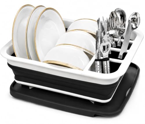 Masirs Pop-Up Collapsible Dish Drying Rack: Convenient Storage, Drains into Sink, Eight Large Plate Capacity, Sectional Cutlery and Utensil Compartment. Compact and Portable Design.