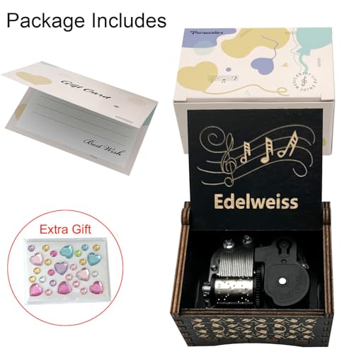 Pursuestar Edelweiss Wind Up Music Box, Vintage Engraved Wood Mechanism Musical Gifts for Birthday Mother's Valentine's Day Christmas Thanksgiving