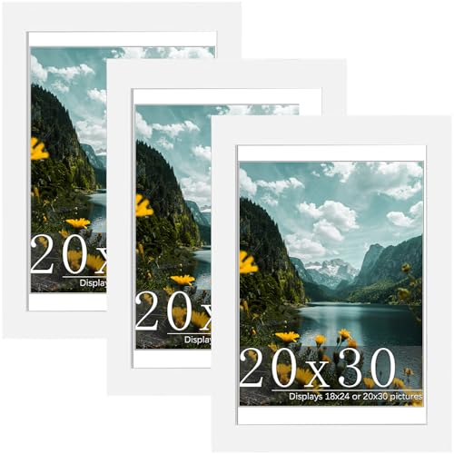 Picrit 20x30 Frame 3 Pack, White Poster Frame, Display Poster 18 x 24 with Mat or 20 x 30 without Mat for Horizontal or Vertical Wall Mounting
