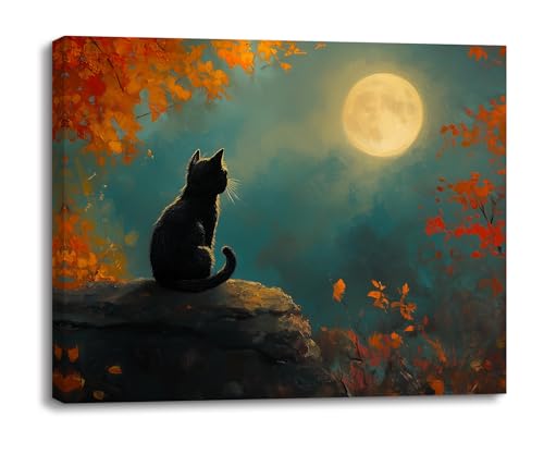 Piy Painting Impression Sur Toile Animalière, Art Mural Sur Toile Chaton Noir, Chaton Au Clair De Lune, Décoration Murale Peinture Pour Chambre Entrée Hall...