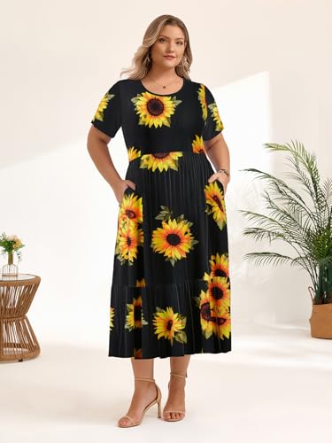 Image of LARACE Plus Size Dresses for Women Summer Casual Short Sleeve Long Dress Flowy Maxi Beach Dresses with Pockets L-6XL(Flower35 6X)