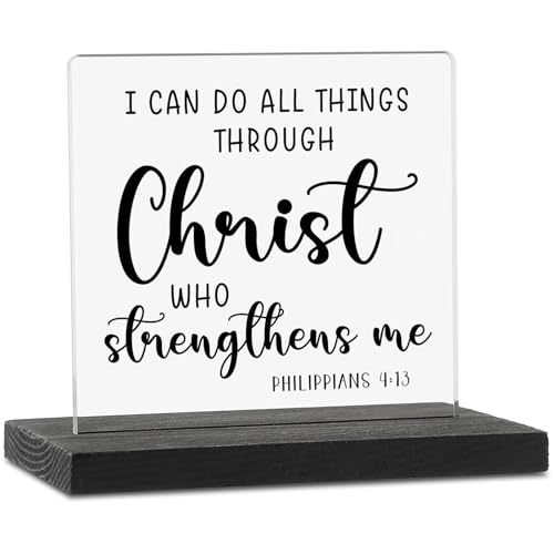 I Can Do All Things Through Christ Clear Desk Decorative Sign, Inspirational Home Office Decor Plaque, Christian Bible Verse Acrylic Signs Gift for Mom Family Women Friends TZJ52