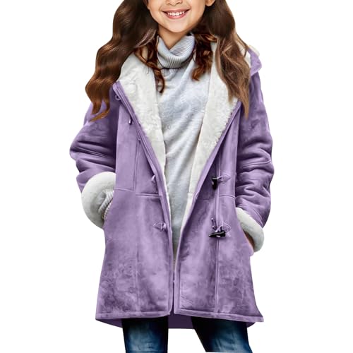 AEPTDEO Girls Sherpa Lined Suede Jacket Fashion Winter Fuzzy Fleece Hoodie Casual Warm Horn Button Down Coats 6-15 Years
