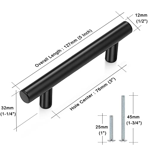 Image of Probrico 10 Pack|3 Inch Hole Centers Flat Black Cabinet Pulls Modern Cupboard Hardware Kitchen Cabinet T Bar Handle Dresser Pulls, 5 Inch Total Length