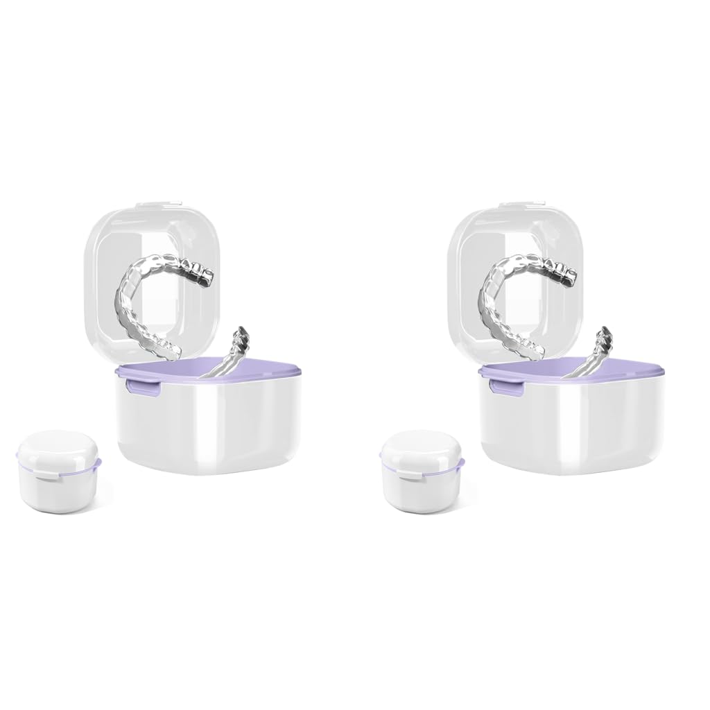 HASTHIP® Denture Case Bath Cup Box Holder Storage Soak Container with Strainer Basket for Travel Retainer Cleaning White 2PCS-image-8