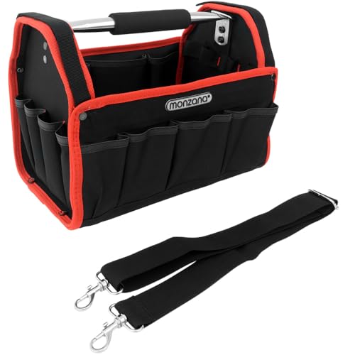 MONZANA® Werkzeugtasche L 33cm mit verstellbarem Schultergurt stabile Tragestange 8 Innen und 13 Außentaschen Montagetasche Werkzeugbox Werkzeugkasten