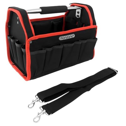 Monzana Werkzeugtasche L 33cm mit verstellbarem Schultergurt stabile Tragestange 8 Innen und 13 Außentaschen Montagetasche Werkzeugbox Werkzeugkasten