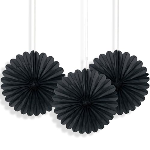 Solid Black Hanging Tissue Paper Fans - 6'', 3 Count - Perfect for Parties & Home Decor