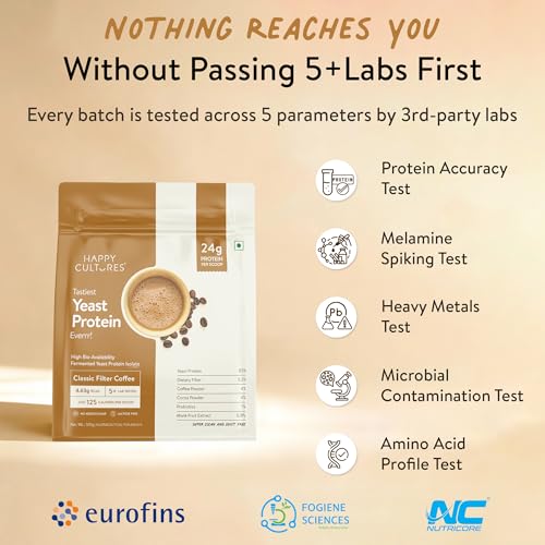 Image of Happy Cultures 24g Tastiest Yeast Protein (Fermented) | Classic Filter Coffee | Higher Absorption than Whey Protein | Superior Muscle Recovery | Gut Friendly & Super Tasty | PDCAAS of 1 | No Added Sugar- 1010g