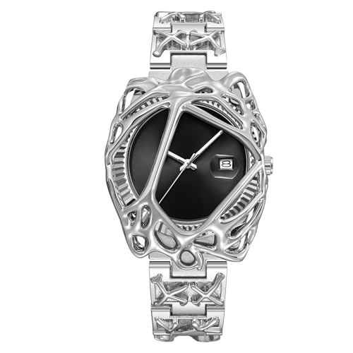 PINTIME Montre gothique futuriste pour homme – Montre bracelet en acier inoxydable avec motif squelette griffe unique, aiguilles lumineuses et affichage de la date (noir), noir