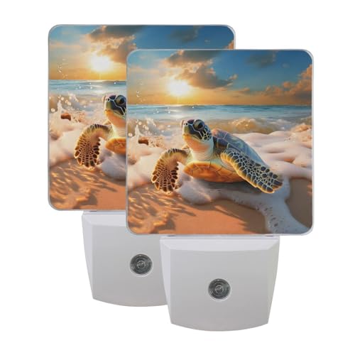 Image of Sea Turtle Sunset Beach Night Lights 2 Pack Plug-in Wall Led Nightlight Auto Dusk-to-Dawn Sensor Lamps for Bedroom Kitchen Bathroom