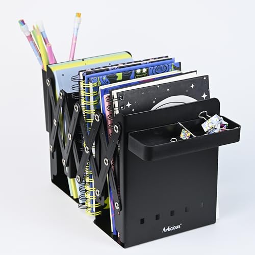 Image of Adjustable Bookend Organizer with Pen Holder | Expandable Desk Bookshelf for Office, Study, and Home | Book Rack Stand for Books, Files & Stationery (Extends Up to 17 Inches) (Black)