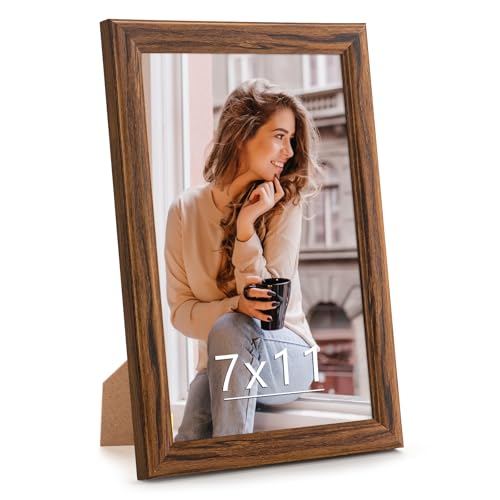 MOUDAMION 7x11 Wood Frame Brown Natural Wooden 11x7in Picture Frames Modern Golden 7 x 11inch Gallery Photo Pic Frame with HD Plexiglass Horizontal Vertical Wall Mounting Tabletop Display 1Pcs