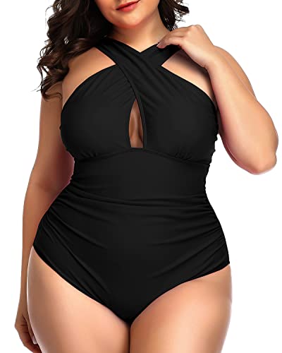 Daci Women Plus Size Swimsuits Tummy Control Black One Piece Bathing Suits Front Cross Keyhole Swimwear Black 22 Plus #TOP2