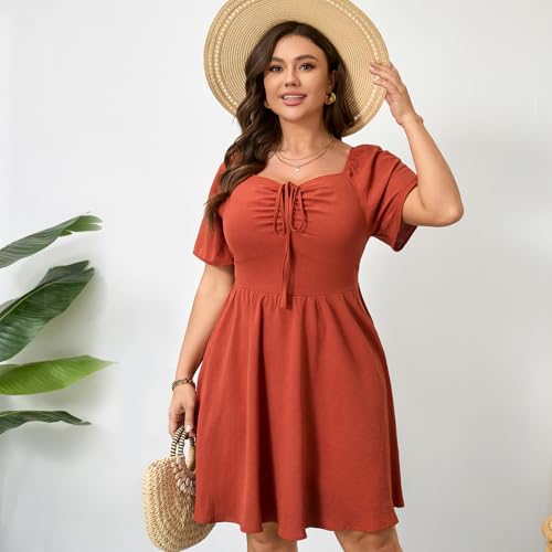 Image of RWJ Women Plus Size Summer Dress Short Sleeve Tie Front Sweetheart Neck Casual Mini Wedding Guest Dresses 2025