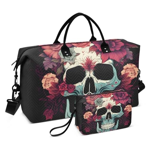 Large Travel Duffel Bag, White Skull Red Daisy Sports Tote Gym Bag, Shoulder Weekender Overnight Bag for Women Men, Carry On Luggage with Toiletry Bags