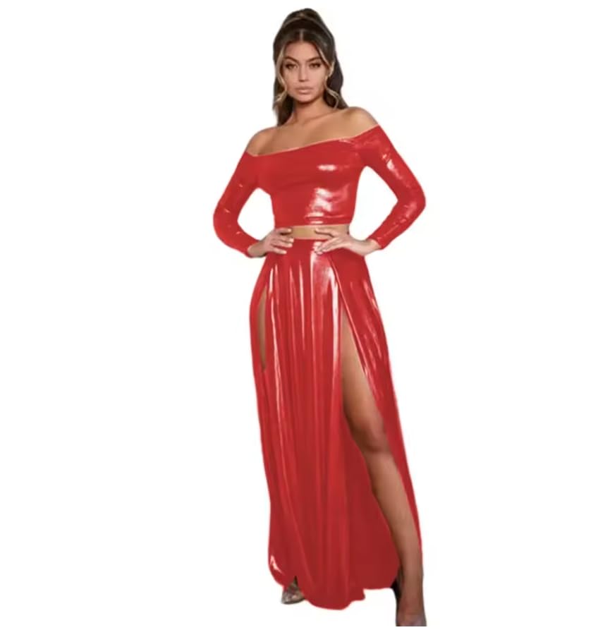 Metaliczny odkryte ramiona bodycon crop top z wysokim rozcięciem spódnica maxi taniec wieczór impreza odzież personalizacja