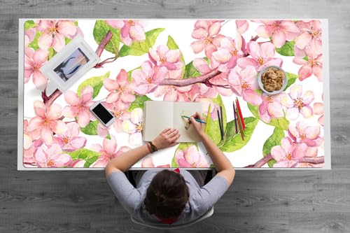 Tapis de bureau vinyle PVC antidérapant 120x60 cm facile à nettoyer fleurs de cerisier