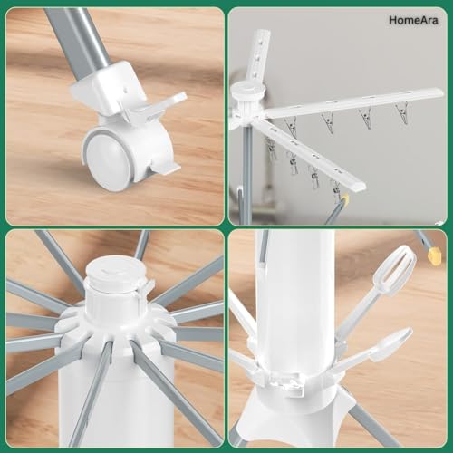 Image of Carbon Steel Clothes Drying Rack 2026 Upgrade 4-Legged 3Tier Foldable Laundry Rack with 4 Pulleys 20 Clips 6 Shoe Dryers 16Drying Rods for Indoor /Outdoor Camping Poolside Space Saving (White)