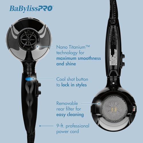 BaBylissPRO Nano Titanium Portofino Sèche-cheveux ionique avec moteur italien haute performance, 1875 sécheuse avec 2 vitesse et 3 Réglages thermiques