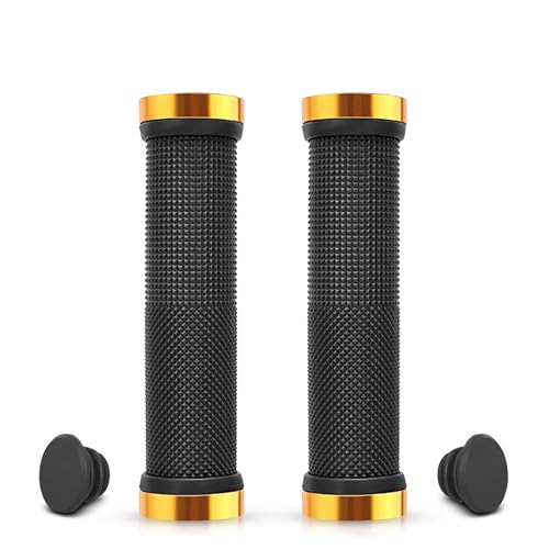 自転車 グリップ 滑り止め ゴム製 握りやすい 衝撃吸収 取り付け簡単 アルミニウム合金ロックリング 内径22.2mm 六角レンチ付き 高い耐久性 修理 自転車 マウンテンバイク 折りたたみ車など対応(ブラック 2本) (ゴールド)