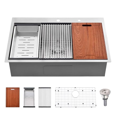 33 Inch Drop In Kitchen Sink Workstation-Bokaiya 33x22 Stainless Steel Top Mount Drop-in Workstation Sink 16 Gauge 10" Handmade Deep Single Bowl Kitchen Sink with Cutting Board