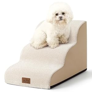 Dog Stairs for Small Dogs 15.7″ H, Curved Dog Step for Puppy, Older Cat, Medium Pet Ramp for Sofa, Couch or Chair, Ladder with High Density Foam, 15.7×22.4×15.7 inch, 3 Step, Beige