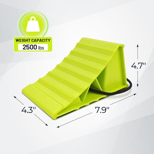 Image of HOXWELL 2 Pair Wheel Chocks for Travel Trailers, Non Slip Heavy Duty Green Wheel Chock with Rope, Lightweight Wheel Stoppers for Cars Campers Trucks RVs, Easy to Carry & Suitable for Most Tyre Sizes