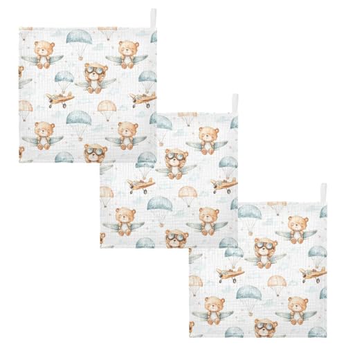 Image of vvfelixl Cute Bear Pilot Baby Burp Cloths Baby Muslin Washcloths for Boys Girls Cotton Babys Face Towel for Newborn Infants Soft and Absorbent 11.8 X 11.8 in, 5 Pack
