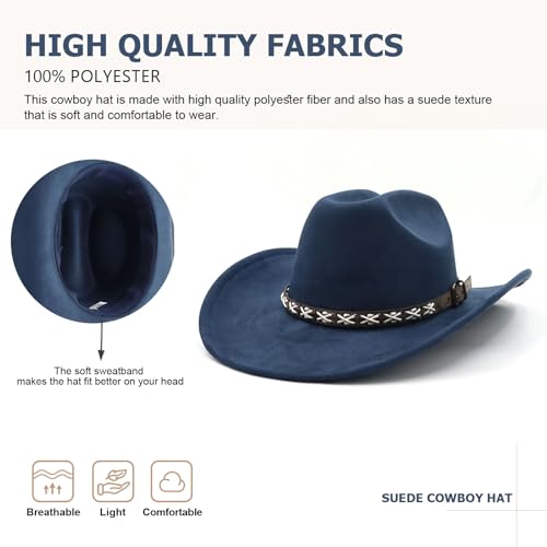 Image of Western Suede Cowboy Hat for Women Men Wide Brim Classic Cowboy Cowgirl Hat with Buckle Belt Felt Fedora Hat