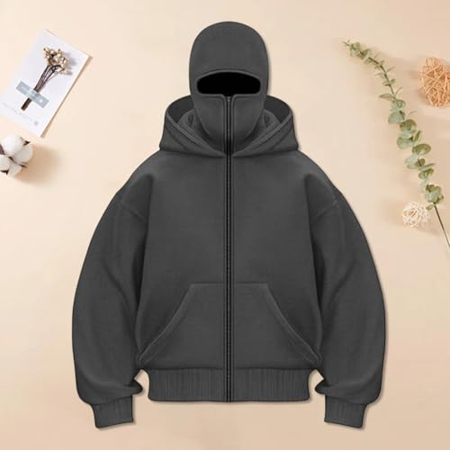 Muineobuka Men's Balaclava Hoodie Fashion Double Hooded Zip Up Long Sleeve Windproof Athletic Sweatshirt with Warm Mask2