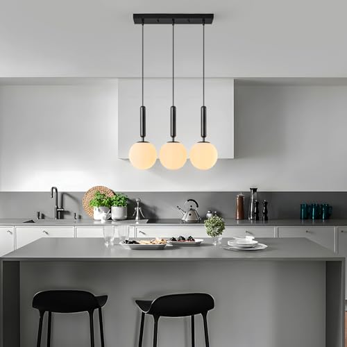 Image of Modern Black Pendant Lights Kitchen Island Mid Century with Globe Pendant Light Milk White Glass Pendant Lighting for Living Room Bedroom Entryway (3 Lights)