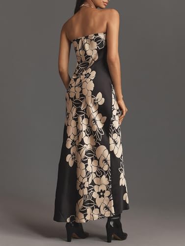 Image of Women Floral Strapless Maxi Dress Y2K Bodycon Tube Long Dresses Sexy Party Formal Cocktail Beach Slit Dress