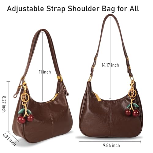 Retro Hobo Bag with Cherry Charm Genuine Leather Shoulder Crossbody Handheld Purse for Women Daily and Travel Use3