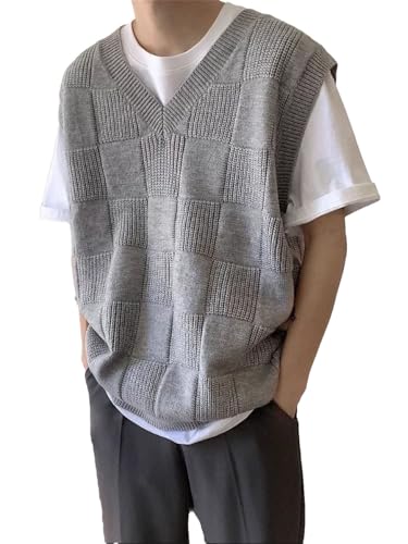 Men's Clothing Long Plaid Plain Knit Sweater Loose Sleeveless Waistcoat Solid Retro Vest