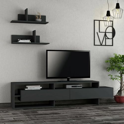 PARETE ATTREZZATA - Composizione soggiorno, Mobile salotto multiuso, Armadio porta TV, 180x32 h42 cm, Antracite