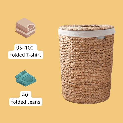 Image of Round Woven Wicker Laundry Hamper with Lid - Large Water Hyacinth Storage Basket, 18x18x23 in