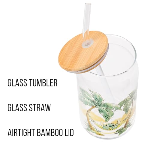 Image of Silver Buffalo Disney Lilo and Stitch Relaxing Chilling in Hammock Island Glass Jar Tumbler with Bamboo Lid and Glass Straw, 16 Ounces