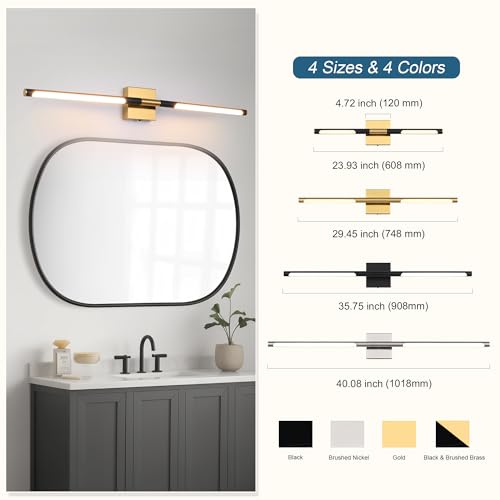 Image of TODOLUZ 40-Inch 5CCT 22W LED Bathroom Light Fixture, 2700K-5500K Wall Sconce Vanity Lighting with Rotatable Lamp Tube, Black & Brushed Brass